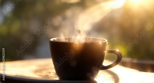 Espresso Cup in the morning sun on a table. Macro Picture of a Coffee Mug outside in the morning sun. Generative AI.