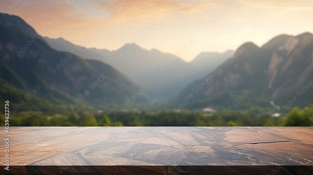 Stone table top with blur background of mountain on sunrise, Advertisement, Print media, Illustration, Banner, for website, copy space, for word, template, presentation