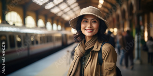 Happy senior woman at the station are waiting for the train, generative ai