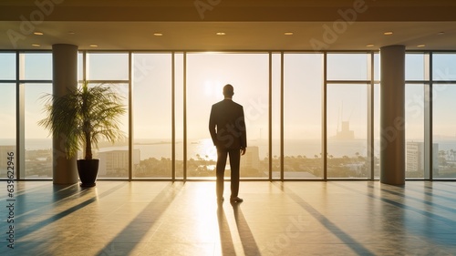 A middle-aged businessman in an office stands and looks out a large floor-to-ceiling window. AI generated.