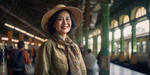 Happy senior woman at the station are waiting for the train, generative ai
