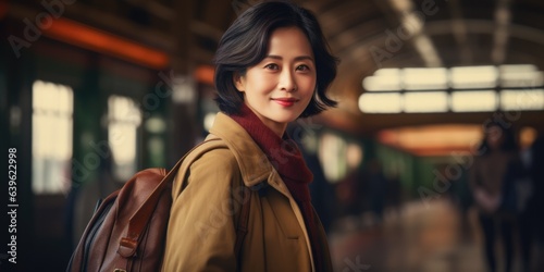 Happy senior woman at the station are waiting for the train, generative ai © OP38Studio
