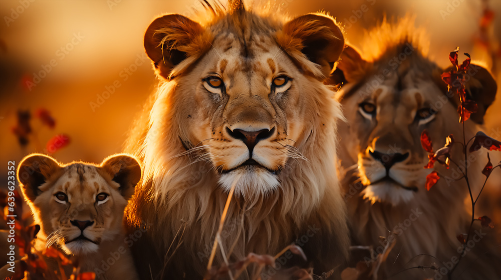 A pride of lions lounging in the savannah, with a majestic sunset in the background.