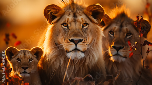 A pride of lions lounging in the savannah  with a majestic sunset in the background.