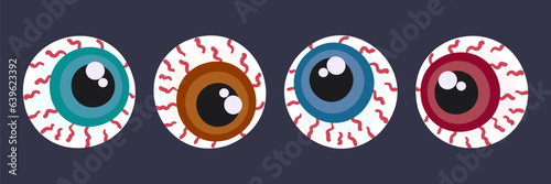 Halloween set of human eyeballs. Flat cartoon zombie eye balls with blood vessel and colorful iris. Vector illustration isolated on dark background