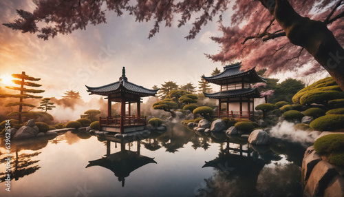 Grafika 8k. Magiczny ogród zawierający staw, świątynie i wspaniałą roślinność. Park w stylistyce azjatyckiej - szczególnie japońskiej. photo