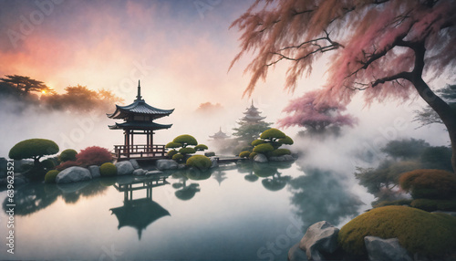 Grafika 8k. Magiczny ogród zawierający staw, świątynie i wspaniałą roślinność. Park w stylistyce azjatyckiej - szczególnie japońskiej.