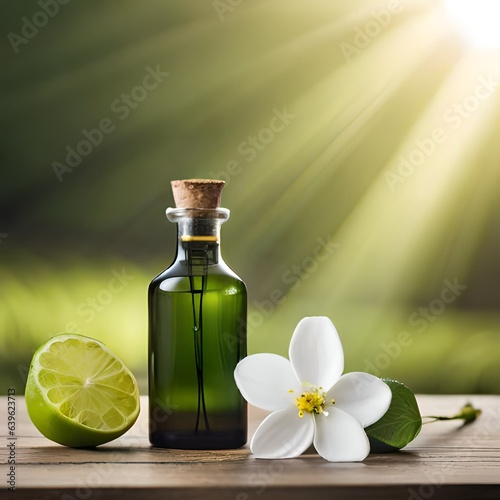 Close up view of a tree branch with Lime  several white flowers and a perfume glass bottle containing yellow liquid of Lime  Citrus aurantiifolia  extract.AI generated