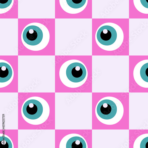 Halloween groovy checkered seamless pattern with eyeball character. Pinky checker board square print. Trendy retro vector illustration