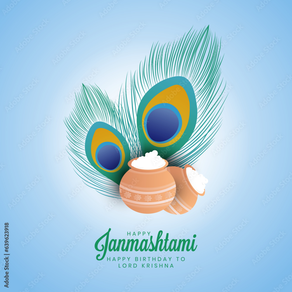 Obraz premium Vector Illustration of Curd pot and peacock feather for Shri Krishna Janmashtami celebration.