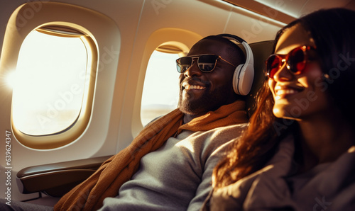 Happy smiling black couple is flying in an airplane in first class, travel relax and recharge