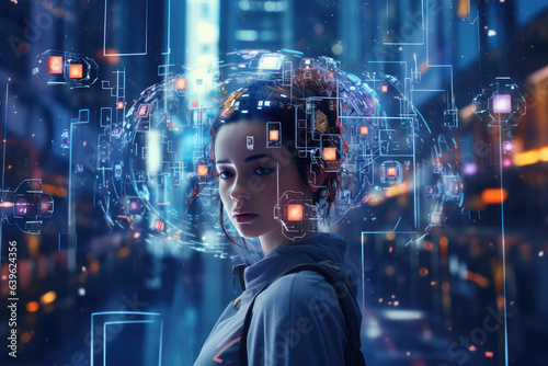 Woman Engages Technology Trends - Navigate the intricate landscape of digital insights with this captivating depiction of a woman engaging technology.