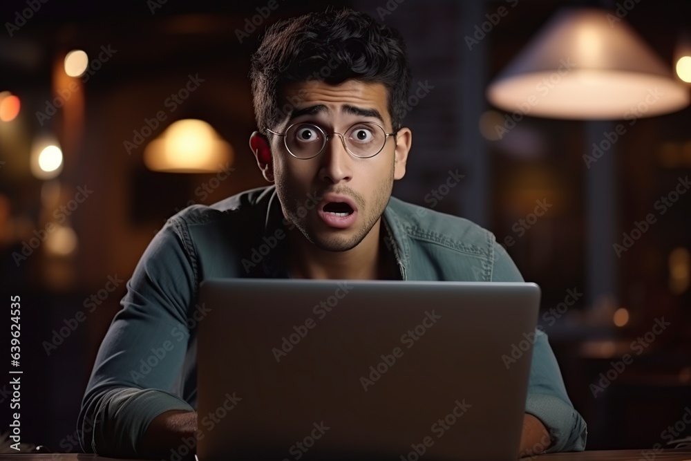 young man with a surprised expression working on his laptop