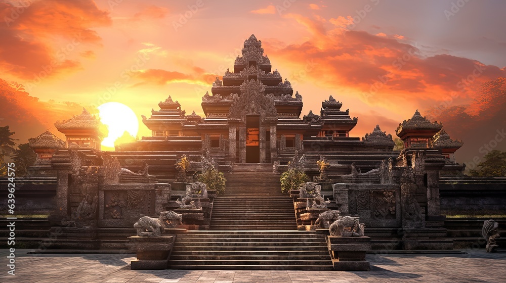 The sunset at Pura Lempuyang Luhur Temple in Bali, generated by ai - obrazy, fototapety, plakaty 