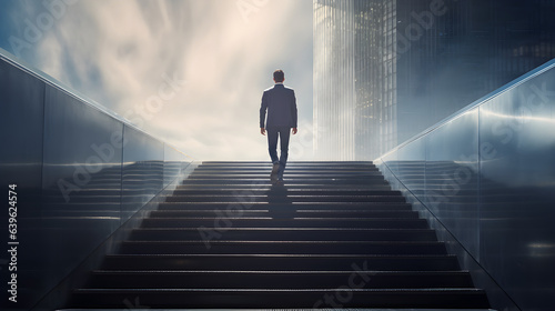Ambitious businessman climbing the stairs to success. Generative AI