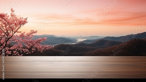 empty table white top with blur background of japan and sunrise, Advertisement, Print media, Illustration, Banner, for website, copy space, for word, template, presentation.