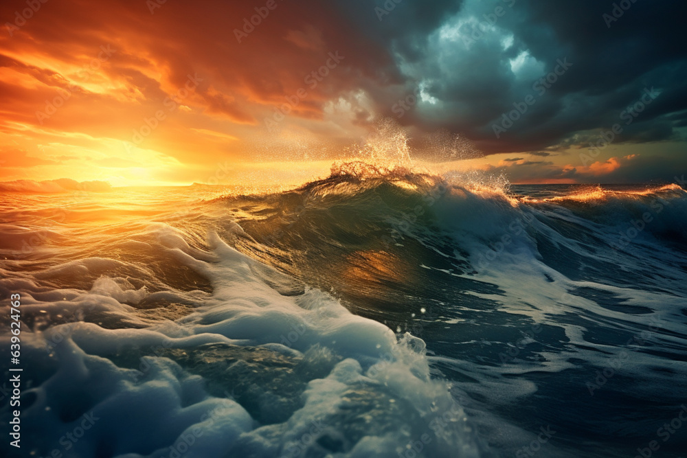 Sea Storm view, waves with foam in storm, seascape, sea or ocean under dark blue clouds, turquoise colour of water. Mountains coastline. Big Waves.