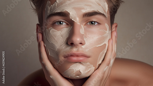 Print op canvas A man looking in the mirror after applying clay mask pack