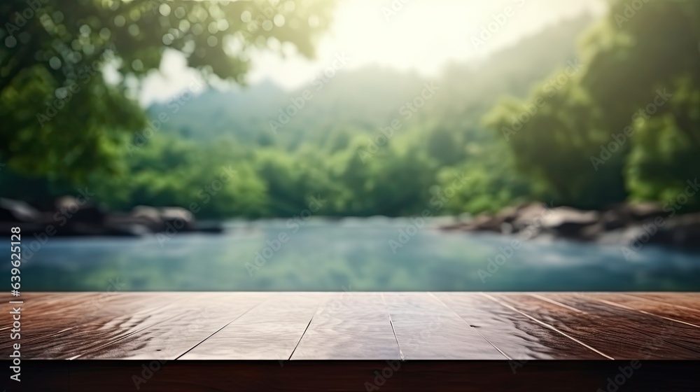 empty table wooden top with blur background of water fall, Advertisement, Print media, Illustration, Banner, for website, copy space, for word, template, presentation