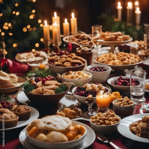 A Festive Feast: Indulge in a Lavish Spread of Delectable Food and Bask in the Warm Glow of Candlelight