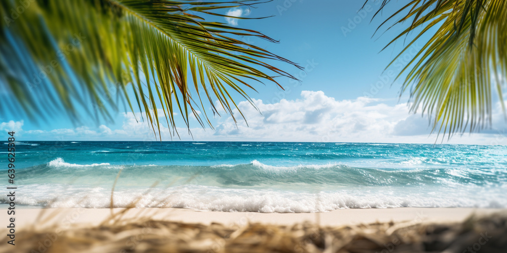 Tropical beach panorama view, coastline with palms, Caribbean sea in sunny day, summer time, Tropical seascape with Palm trees, turquoise sea or ocean under sky with white clouds.