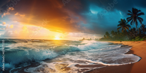 Tropical beach panorama view with foam waves before storm, seascape with Palm trees, sea or ocean water under sunset sky with dark blue clouds. Background of summer waves, sand coastline at evening.