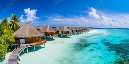 Tropical beach panorama view, Bungalows stay in Sea, coastline with palms, Caribbean sea in sunny day, summer time, Tropical seascape with Bungalows, turquoise sea 
