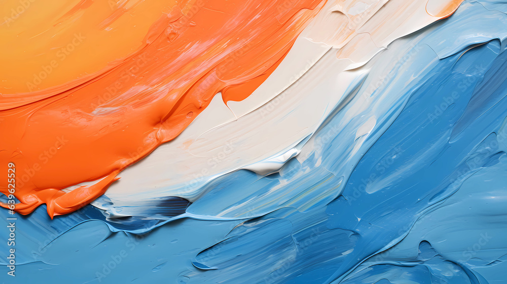 Abstract oil paint texture, orange, blue, tan uniform brush strokes on canvas