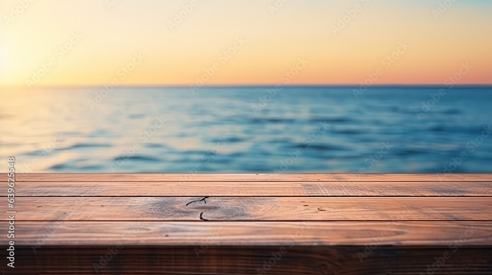 The empty wooden table top with blur background of sea on sunrise, Advertisement, Print media, Illustration, Banner, for website, copy space, for word, template, presentation.