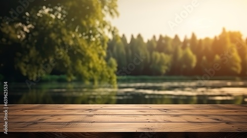 table top with blur background of summer lakes green forest, Advertisement, Print media, Illustration, Banner, for website, copy space, for word, template, presentation