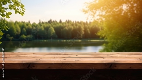 table top with blur background of summer lakes green forest, Advertisement, Print media, Illustration, Banner, for website, copy space, for word, template, presentation