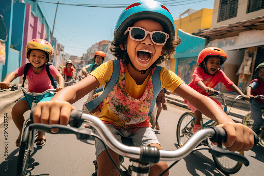 Naklejka premium Cheerful childrens-cyclist riding bicycle outdoor during daylight