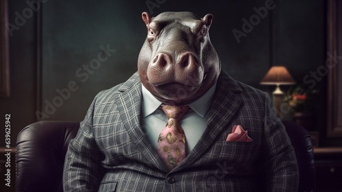 A hippopotamus wearing a suit and tie.Generative AI