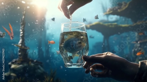 A kind diver in the ocean giving a glass of water to.Generative AI