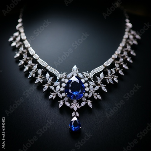diamonds with the dark blue sapphire necklace on a black background. Generative AI