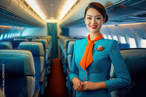 Portrait of a Chinese flight attendant in the cabin.  © ЮРИЙ ПОЗДНИКОВ