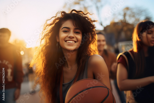 Cheerful Teenager plays basketball outdoor during sunset © Oleksandr Kozak