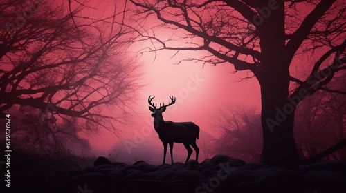 Hirsch im roten infrarot Licht. Hintergrundbild mit Silhouette von Wild im Wald bei Sonnenuntergang. photo