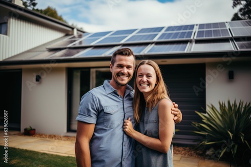 Couple in front of their new house with solar system on the roof