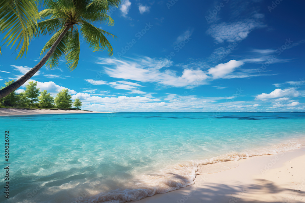 paradise landscape tropical beach blue sea, sand, palm trees