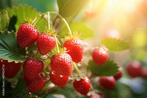 close-up of ripe strawberries covered with water droplets with blurred background