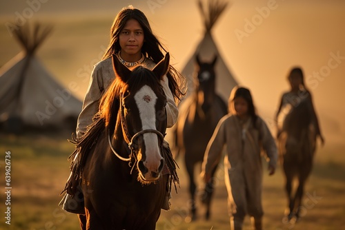 Indianer, Indigene oder Native American in Ihrem Lebensraum mit Zelt oder Tipi. Familienleben in der Natur. © Marco
