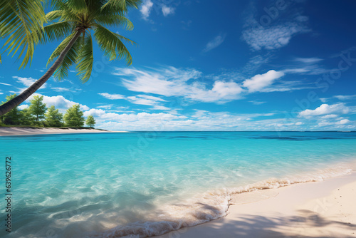 paradise landscape tropical beach blue sea, sand, palm trees