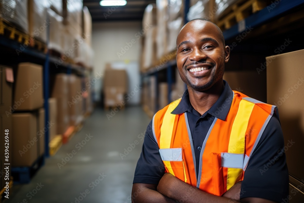 Portrait of a black warehouse worker and storekeeper. In the background, a large goods storage warehouse.   - obrazy, fototapety, plakaty 