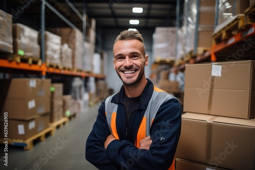 Portrait of a warehouse worker and storekeeper. In the background, a large goods storage warehouse. 