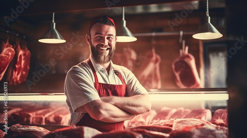 smiling butcher sells fresh meat in the sunlight of the shop