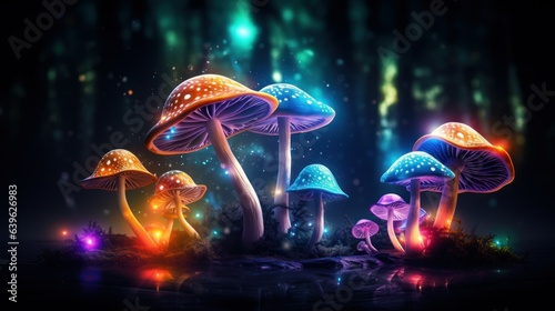 Psilocybin psychedelic therapy as treatment of mental health challenges. Psilocybin psychotropic magic psilocybin mushrooms dark neon background.