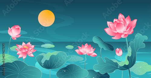 Vector illustration of lotus flowers and leaves landscape