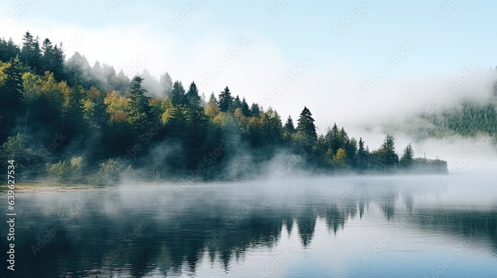 Generative AI, foggy calm lake surrounded by a pine forest, trees around the reservoir, northern nature, fog over the river, majestic nature, peaceful landscape, harmonious landscape