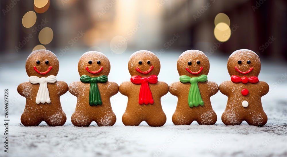 Sweet little gingerbread men ready to celebration Christmas. Cookies men decorated with colored icing for festive, xmas, seasonal bakery. Delicious cookies.